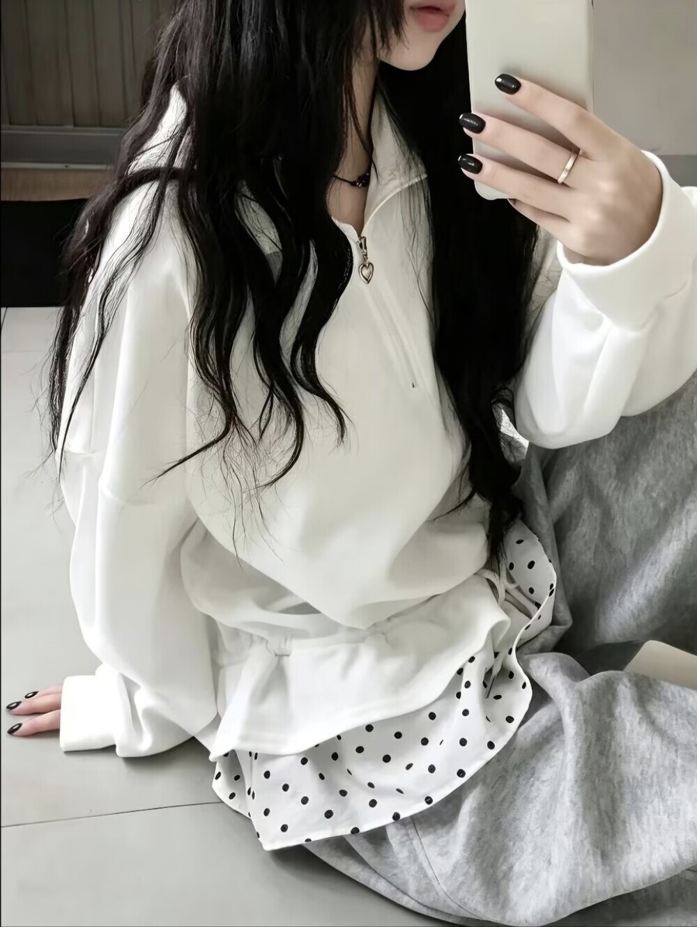 Gift Stand-Up Half-Zip Ruffled Polka Dot Patchwork Sweatshirt Preppy Style Loose - Picture 5 of 6
